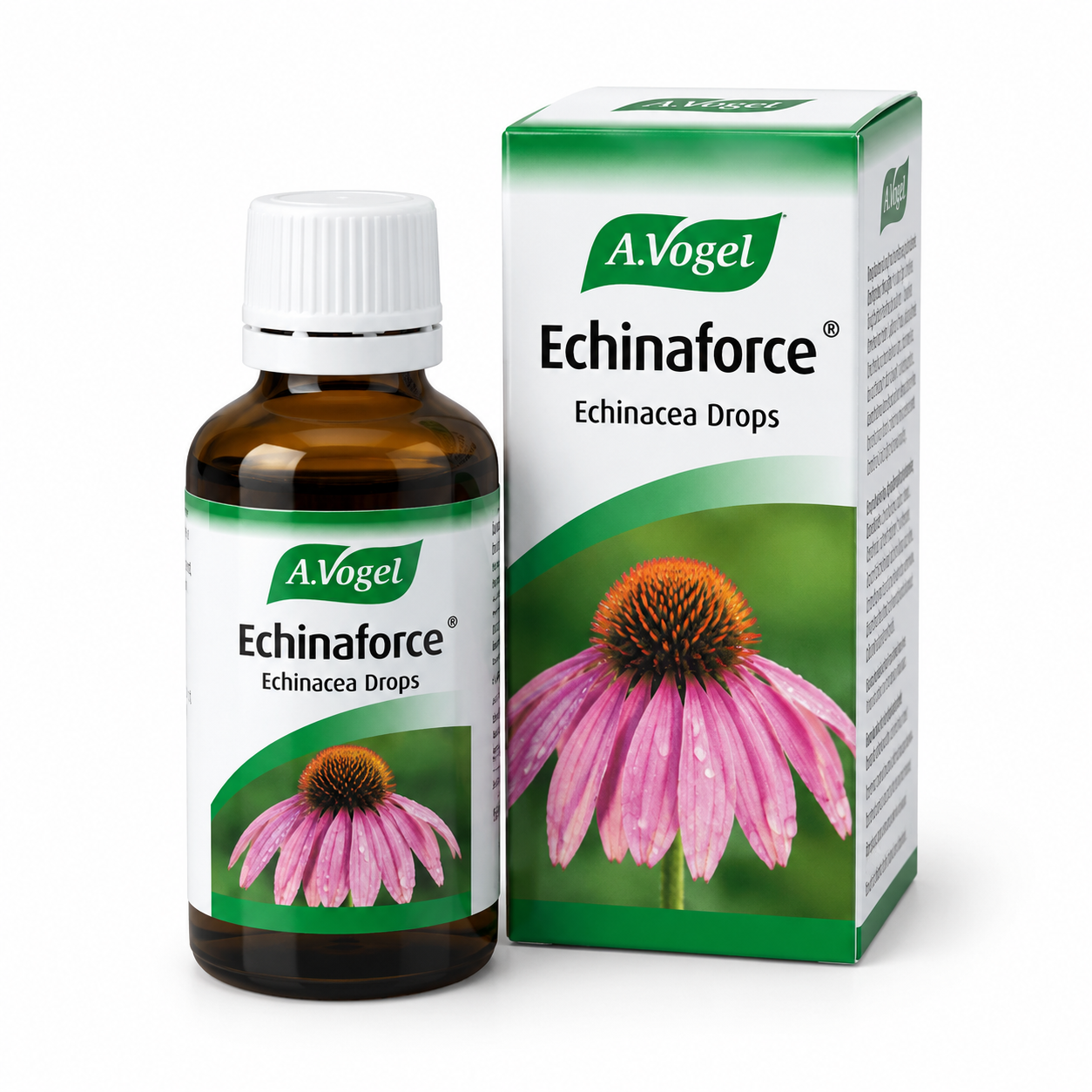 A.Vogel Echinaforce 50ml bottle beside its green and white carton.