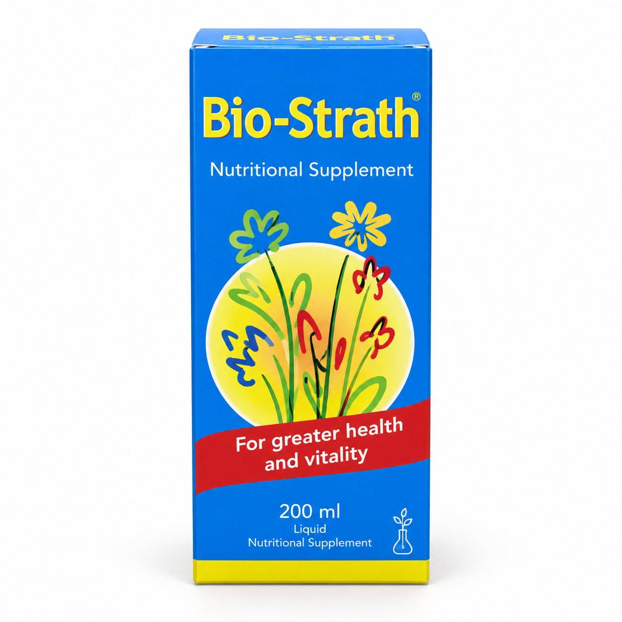 Blue and yellow Bio-Strath 200ml syrup carton.