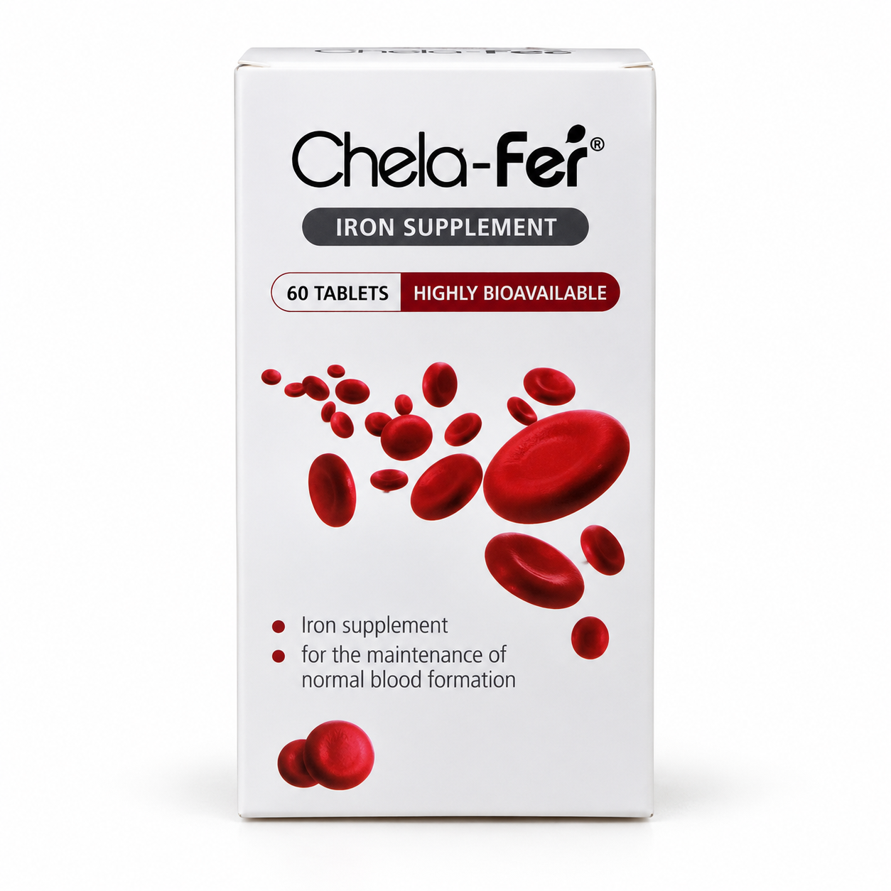 White Chela-Fer 60-tablet carton with red blood-cell illustrations.