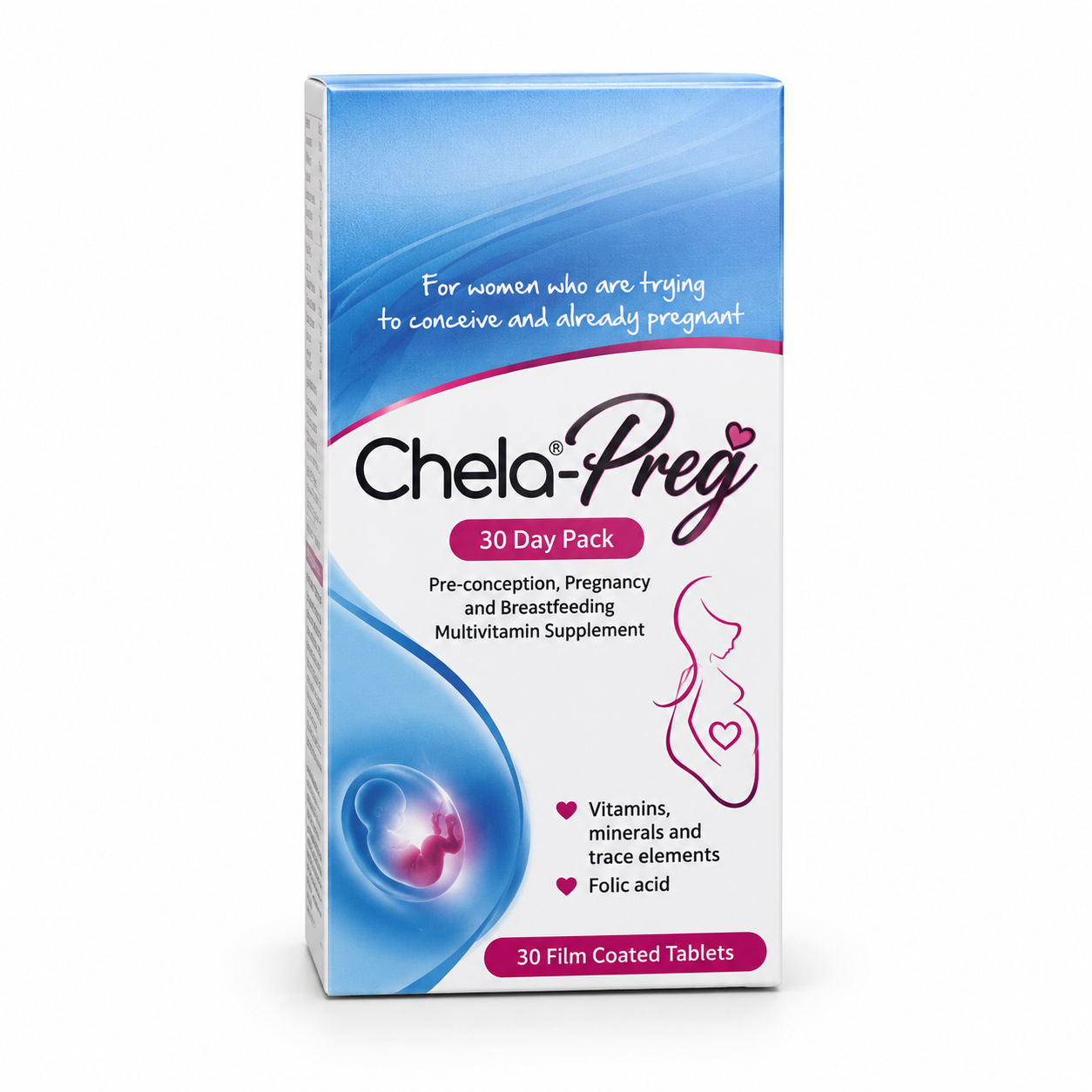 Blue and white Chela-Preg 30 Day Pack carton with pink accents.