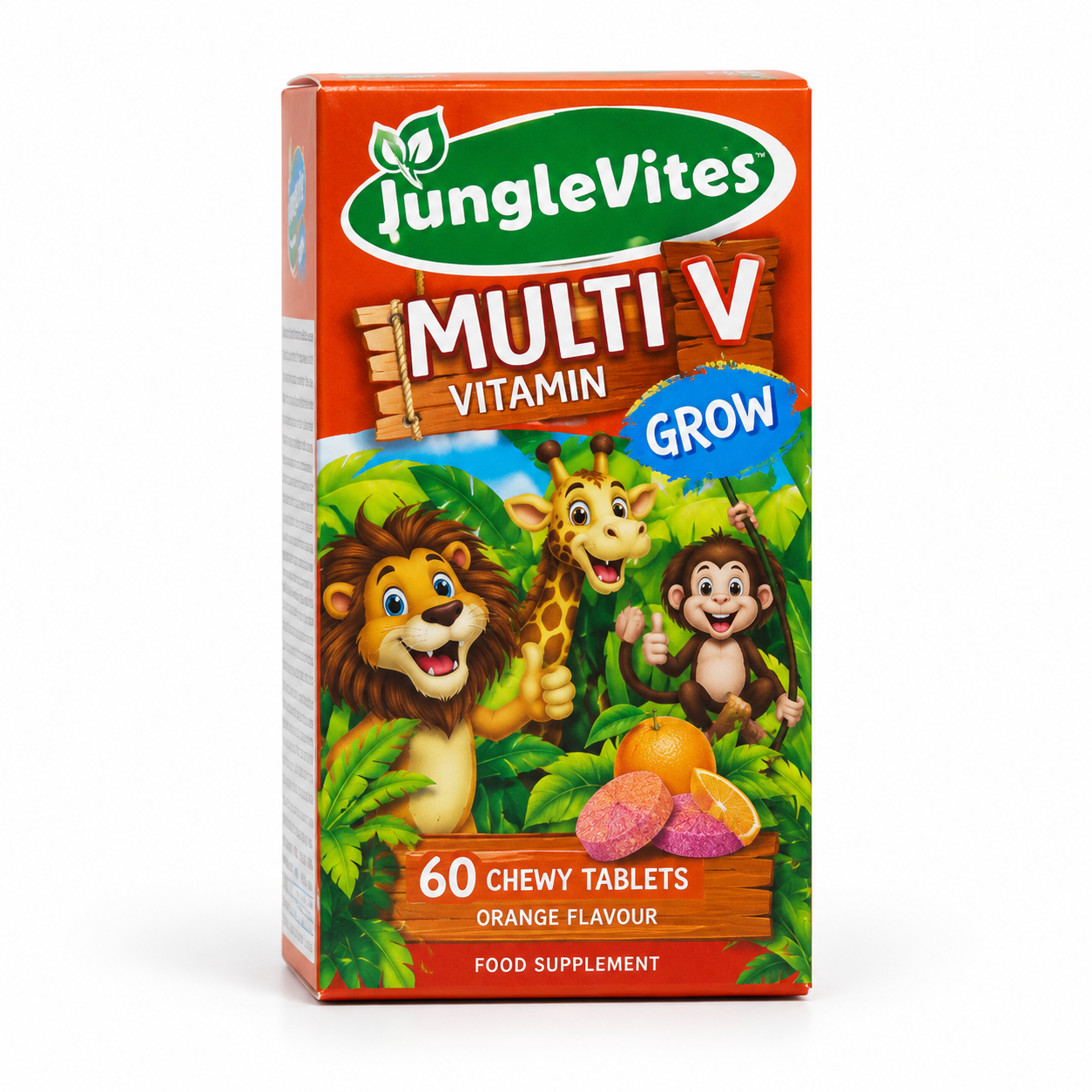 JungleVites Multivitamin 60-tablet carton with colourful jungle animal illustrations.