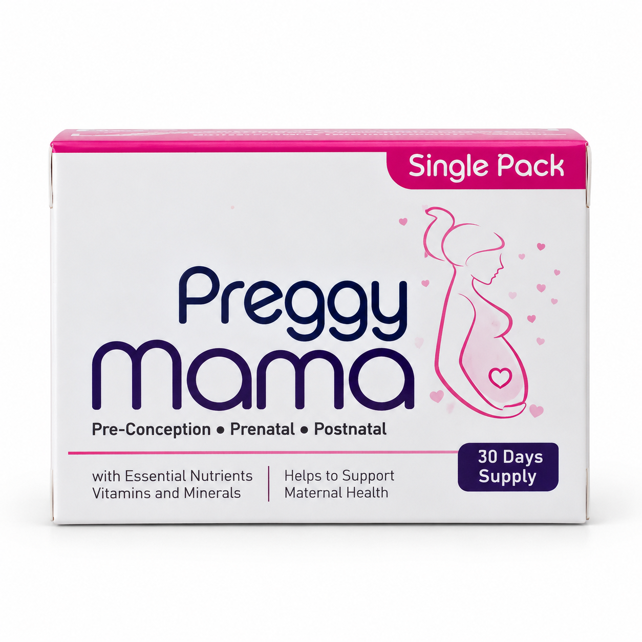 White and pink Preggy Mama single-pack carton marked 30 Days Supply.