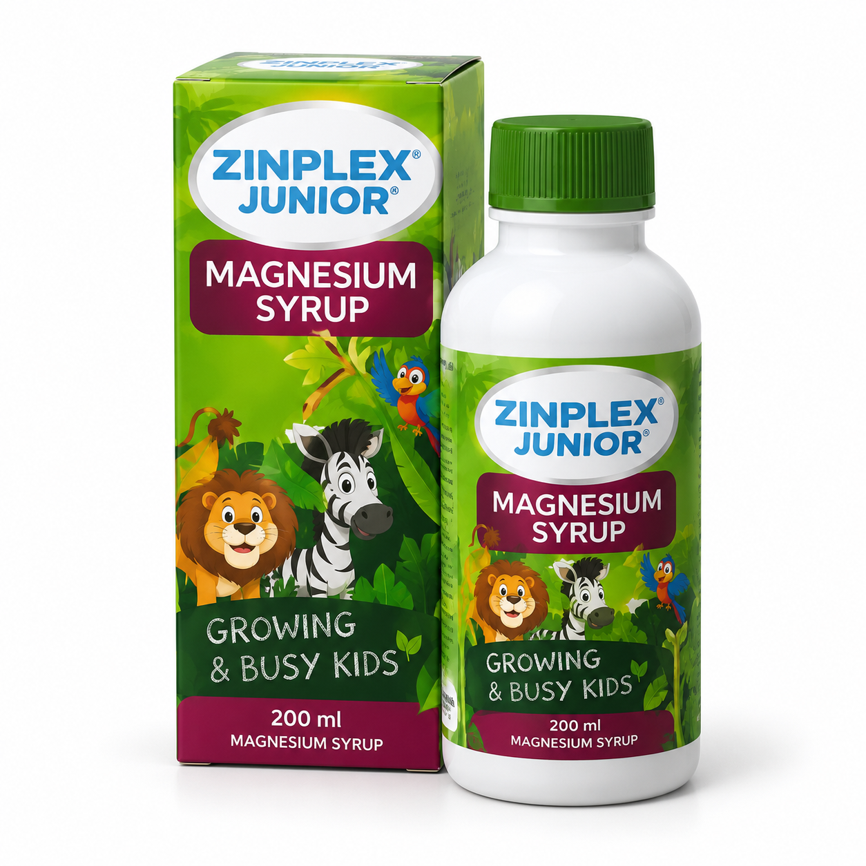 Zinplex Junior Magnesium Syrup 200ml bottle beside its green carton.